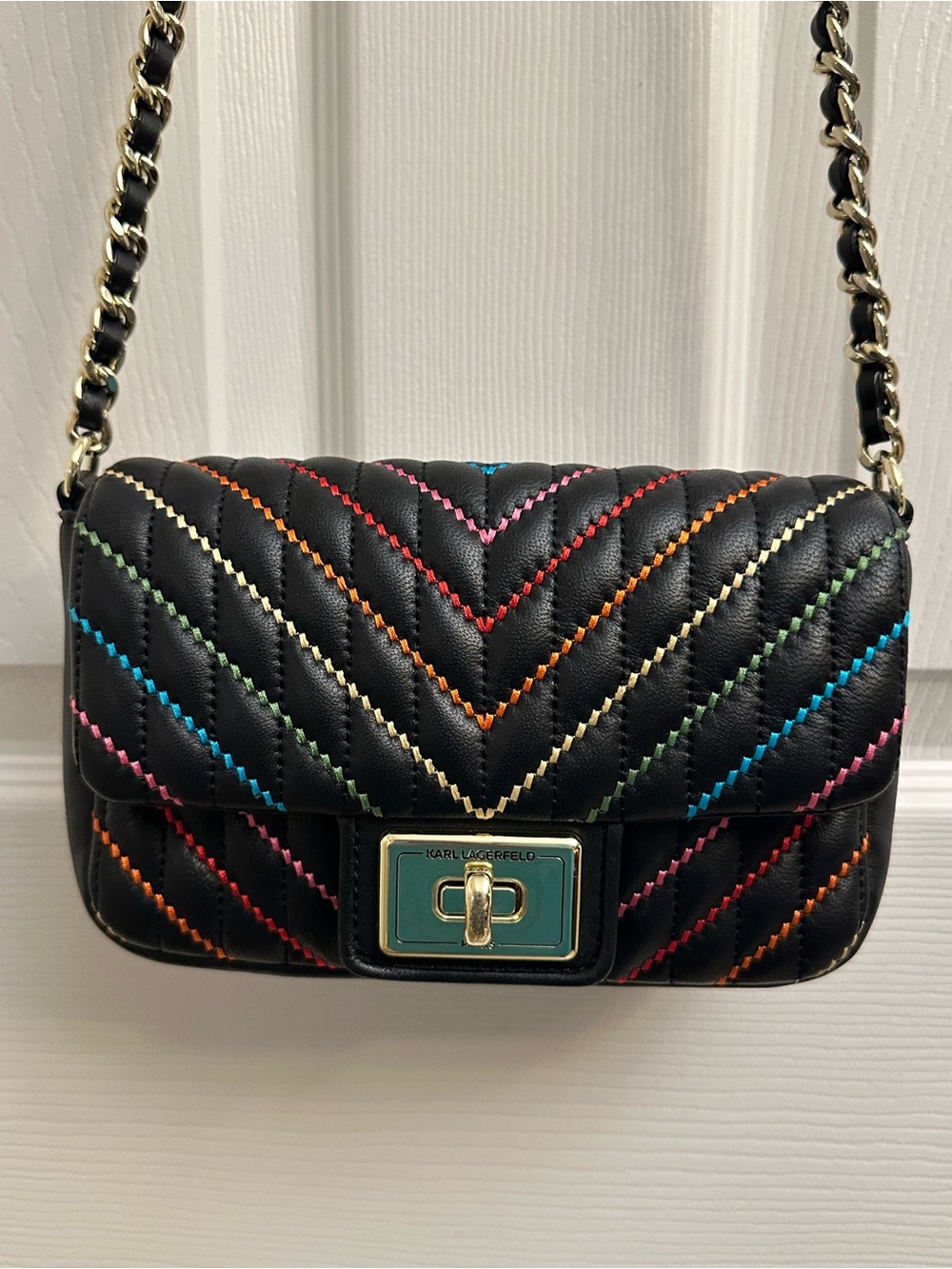 Karl Lagerfeld Black Quilted Crossbody Bag with Multicolor Stitching - Picture 14 of 16